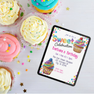 Invitación Celebración Dulce Cupcake Colorido Cumpleaños