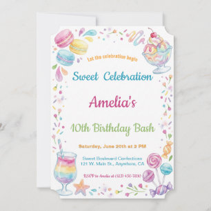 Invitación Celebración Dulce de Caramelo de Acuarela Cumpleañ
