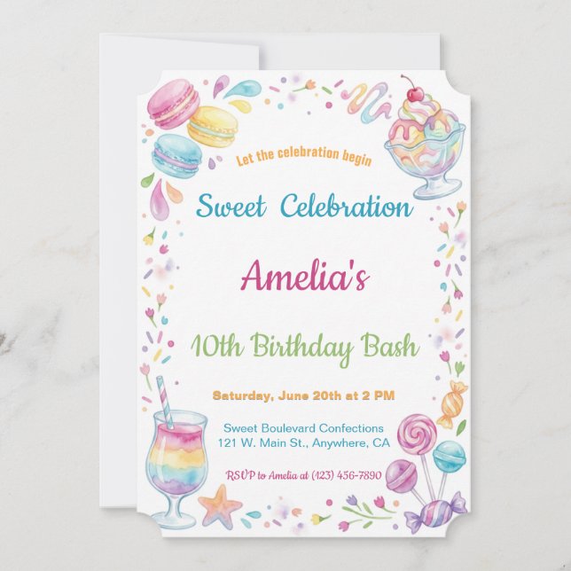 Invitación Celebración Dulce de Caramelo de Acuarela Cumpleañ (Anverso)