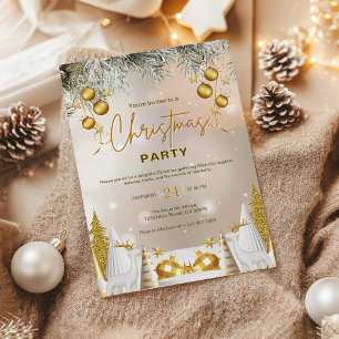 Invitación Celebración elegante de Navidad en oro y blanco