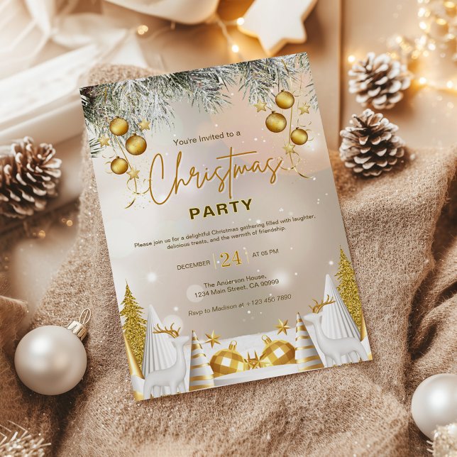 Invitación Celebración elegante de Navidad en oro y blanco (Subido por el creador)