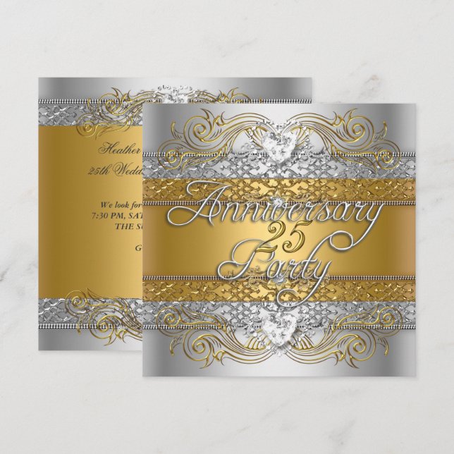 Invitación Celebración elegante de plata y oro del 25º aniver (Anverso / Reverso)