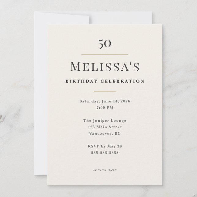 Invitación Celebración Elegante Mínima de 50 Cumpleaños (Anverso)