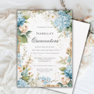 Invitación Celebración Elegante Quinceañera Floral Azul 15