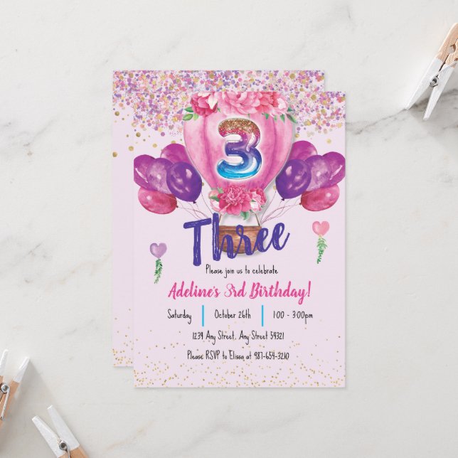 Invitación Celebración en rosa: 3 cumpleaños de Confetti Ball (Anverso/Reverso In Situ)