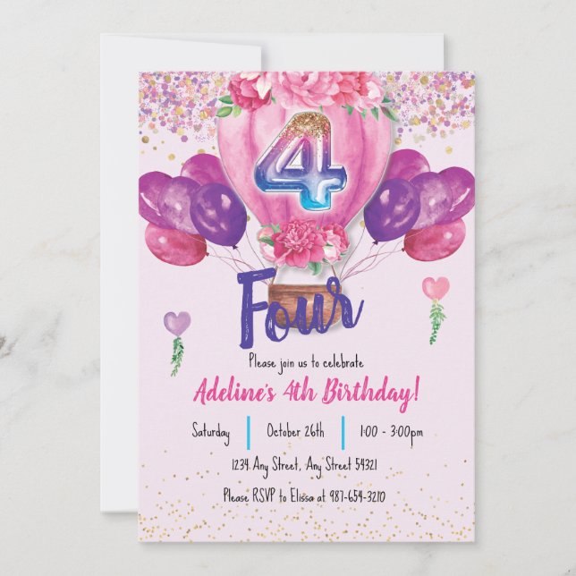 Invitación Celebración en rosa: 4to cumpleaños del globo Conf (Anverso)