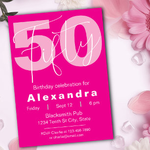 Invitación Celebración Feliz Cumpleaños 50 Rosa y Blanco
