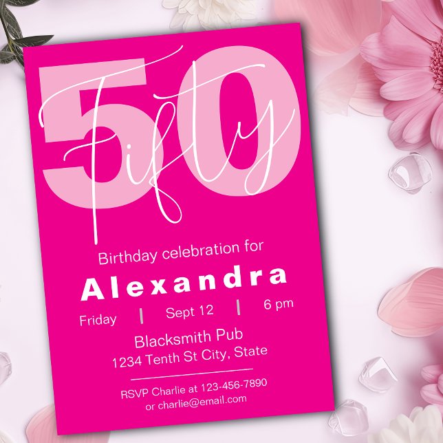 Invitación Celebración Feliz Cumpleaños 50 Rosa y Blanco (Subido por el creador)