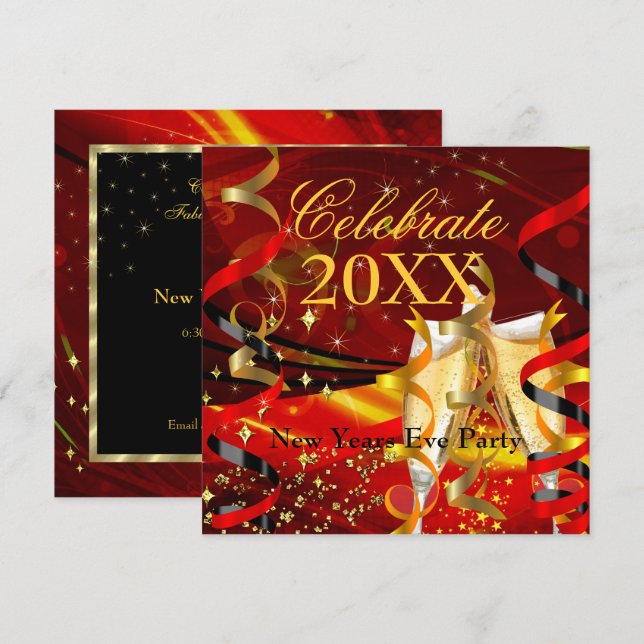 Invitación Celebración Fiesta de Año Nuevo Champagne Red Gold (Anverso / Reverso)