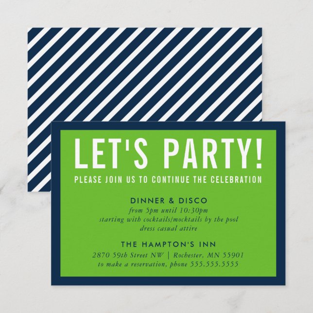 Invitación CELEBRACIÓN fiesta INFO azul marino verde negrita  (Anverso / Reverso)