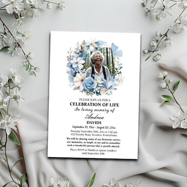 Invitación Celebración Floral Azul De La Vida 1 Fotos Funeral (Subido por el creador)