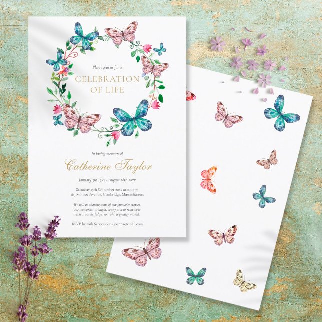 Invitación Celebración floral de mariposa del funeral de la v (Subido por el creador)