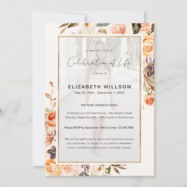 Invitación Celebración floral otoñal de la foto del funeral d (Anverso)