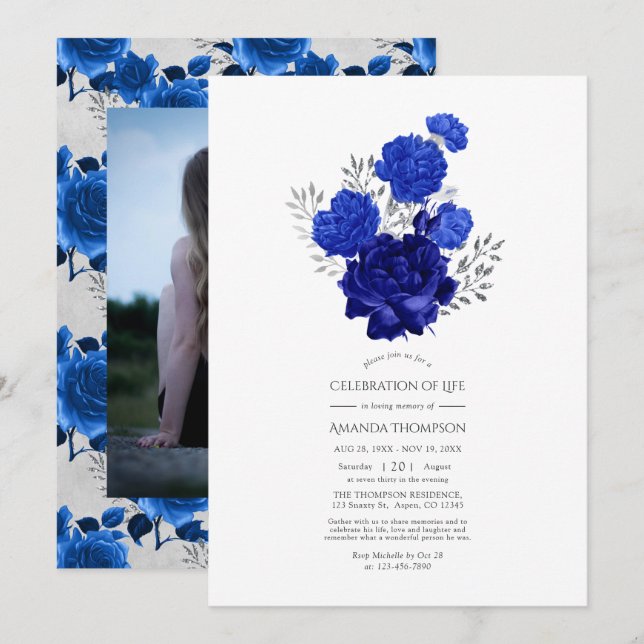 Invitación Celebración floral real azul y plata de la vida (Anverso / Reverso)