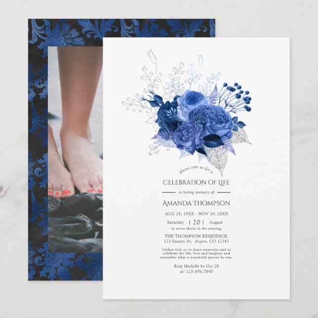 Invitación Celebración floral real azul y plata de la vida (Anverso / Reverso)