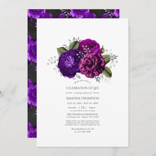 Invitación Celebración floral real morada y plateada de la vi (Anverso / Reverso)