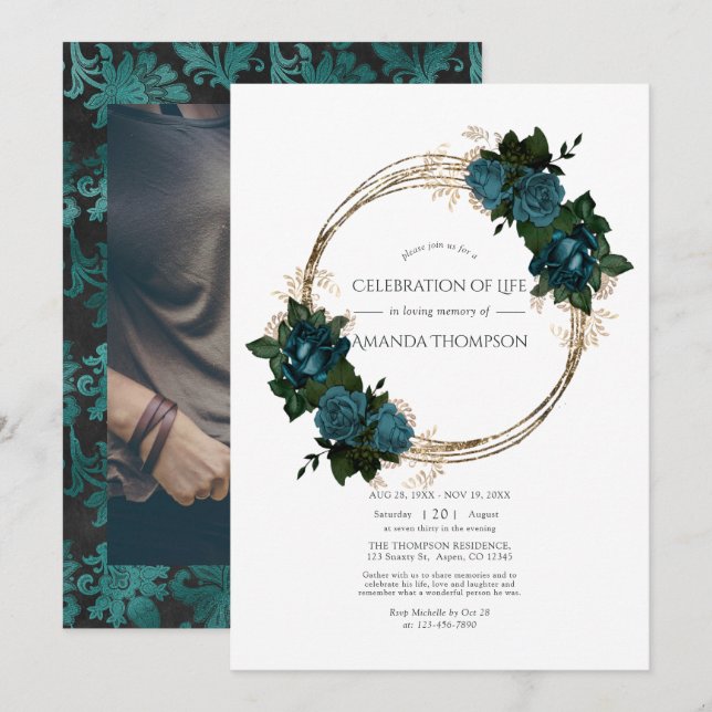 Invitación Celebración floral verde azulada y dorada de la vi (Anverso / Reverso)