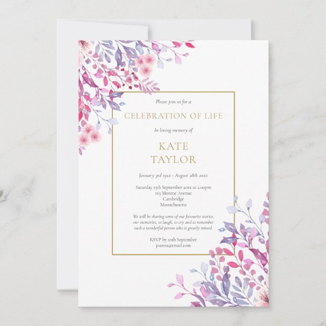 Invitación Celebración fúnebre floral campestre de la vida (Anverso)