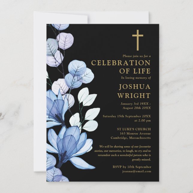 Invitación Celebración Funeral Cristiana de Floral Azul de Ce (Anverso)