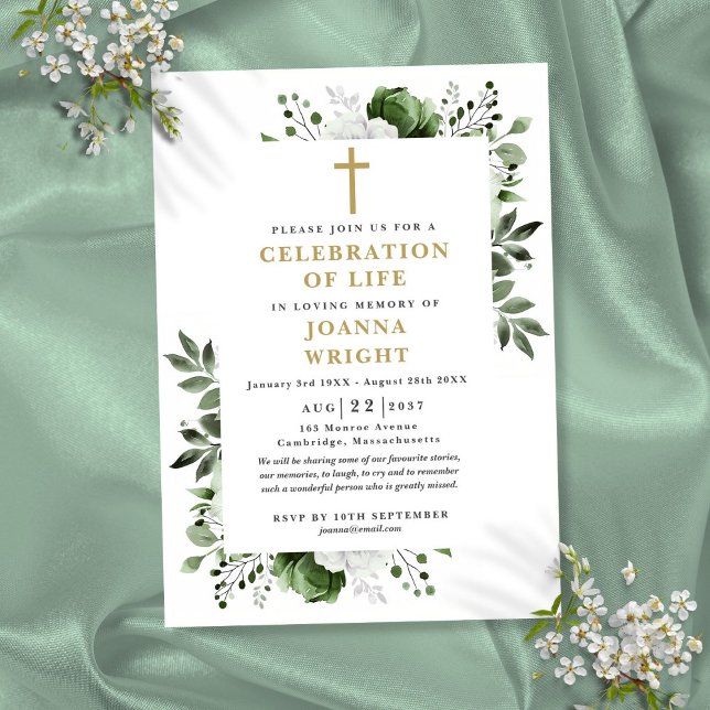 Invitación Celebración Funeral Cristiana Floral Verde De La V (Green Floral Christian Celebration Of Life Funeral Invitation)
