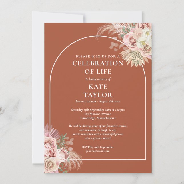 Invitación Celebración funeral de la vida Floral Pampas Grass (Anverso)