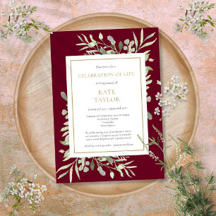 Invitación Celebración Funeral de la Vida Verde Burgundy