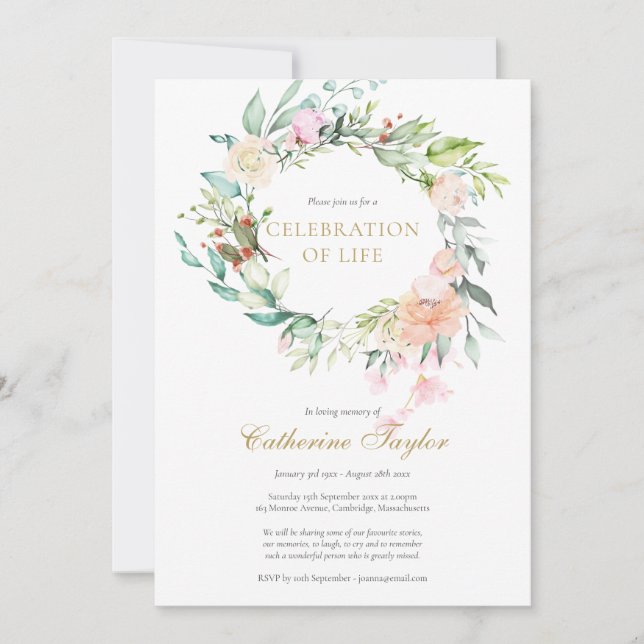 Invitación Celebración Funeral de Rosas Florales Elegantes de (Anverso)
