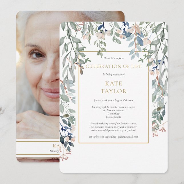Invitación Celebración Funeral Foto Foliaje Floral de la Vida (Anverso / Reverso)