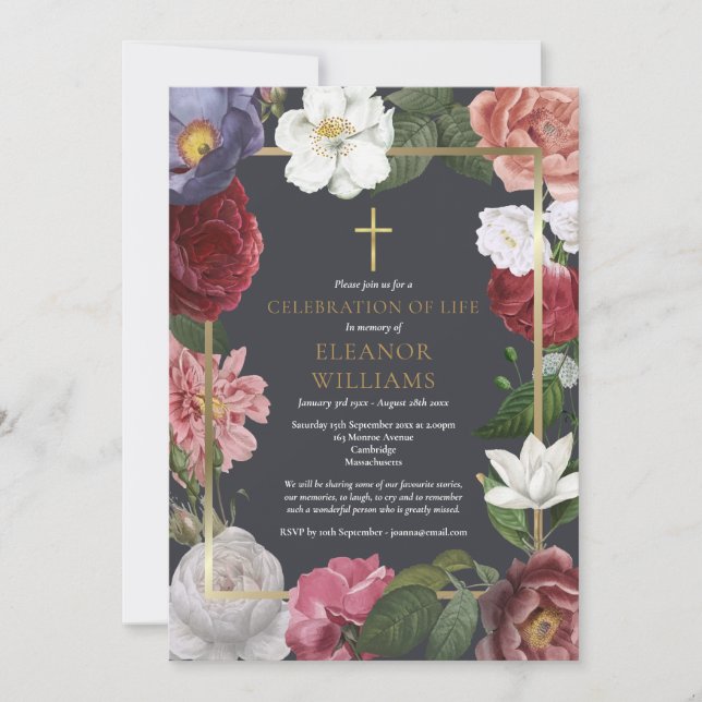 Invitación Celebración Funeral Vida Rosa Floral (Anverso)