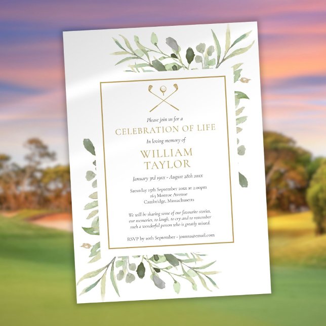 Invitación Celebración funeraria del Golfer de la vegetación  (Golfer Funeral Celebration of Life Greenery Invitation)