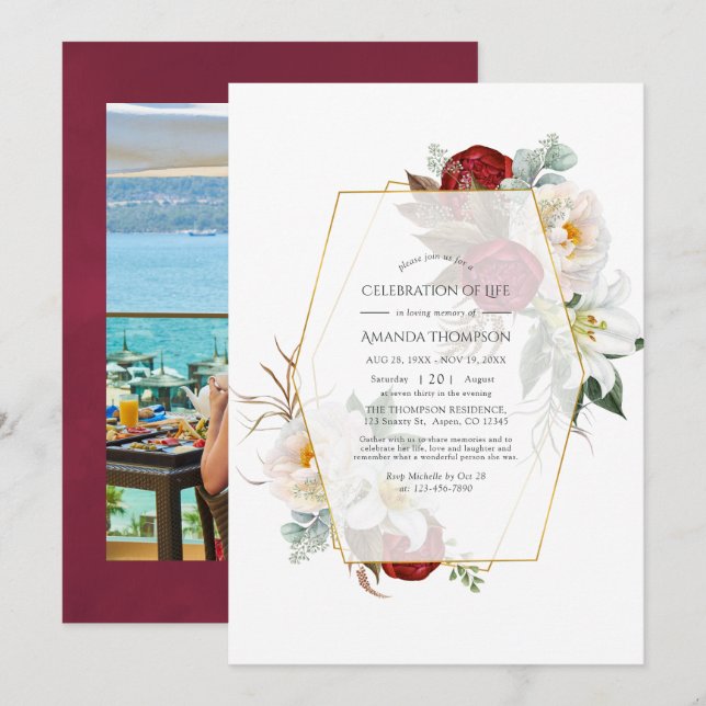 Invitación Celebración geométrica floral blanca y roja de la  (Anverso / Reverso)