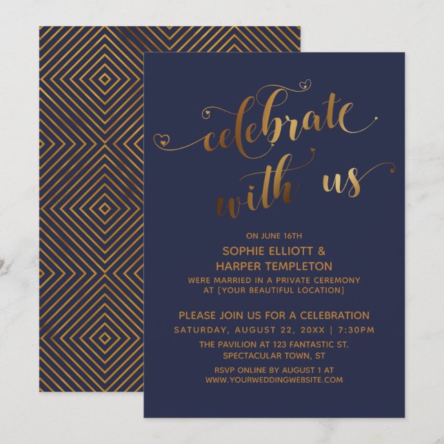 Invitación Celebración Gold Blue con evento post-Boda de EEUU (Anverso / Reverso)