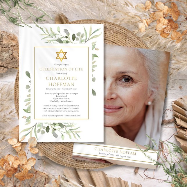 Invitación Celebración judía de la vida Fotografía de la vege (Jewish Celebration of Life Funeral Greenery Photo Invitation)