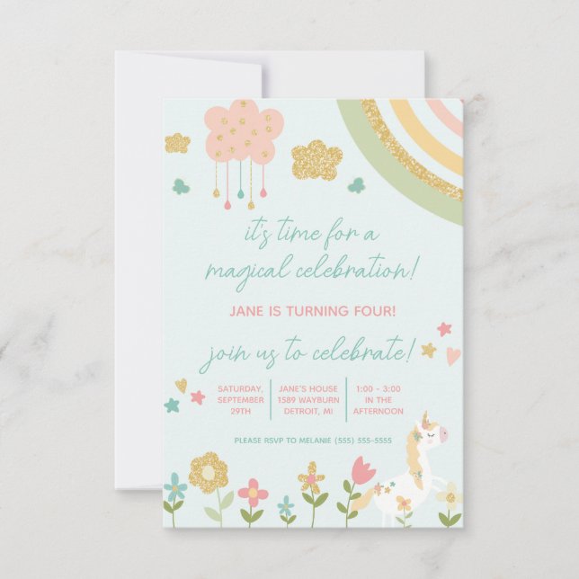 Invitación Celebración mágica, unicornio, cumpleaños arcoiris (Anverso)