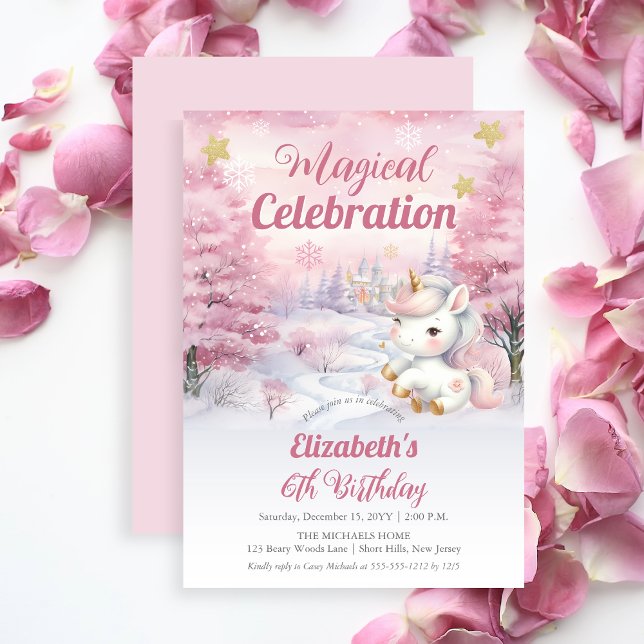 Invitación Celebración mágica unicornio Fiesta de cumpleaños  (Unicorn Pink Magical Celebration Mythical Creature Girl's 6th Birthday Party Invitation)
