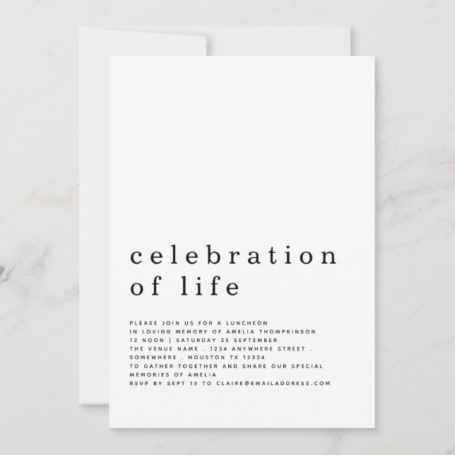 Invitación Celebración minimalista del almuerzo de la vida (Anverso)