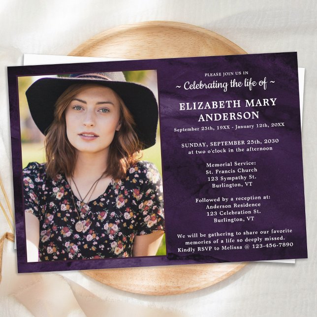 Invitación Celebración Moderna De La Vida Funeral Mármol Púrp (Subido por el creador)