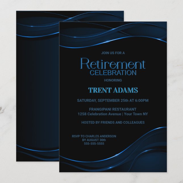 Invitación Celebración moderna de retiro azul negro (Anverso / Reverso)