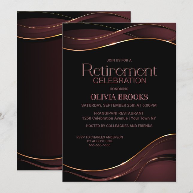 Invitación Celebración moderna de retiro rosado negro (Anverso / Reverso)