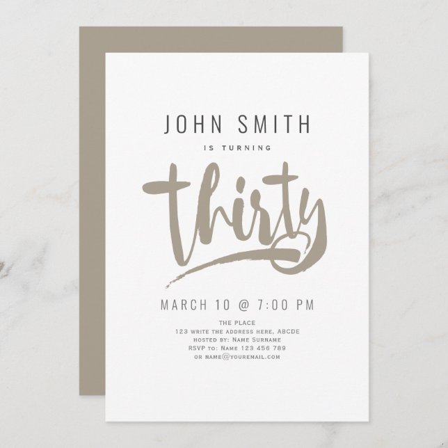 Invitación Celebración moderna, simple y masculina Treinta añ (Anverso / Reverso)