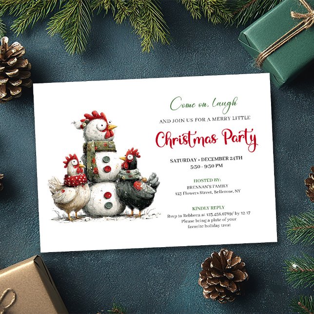Invitación Celebración navideña de gallinas extravagantes dib (Quirky Chickens Hand Drawn Holiday Celebration Card)