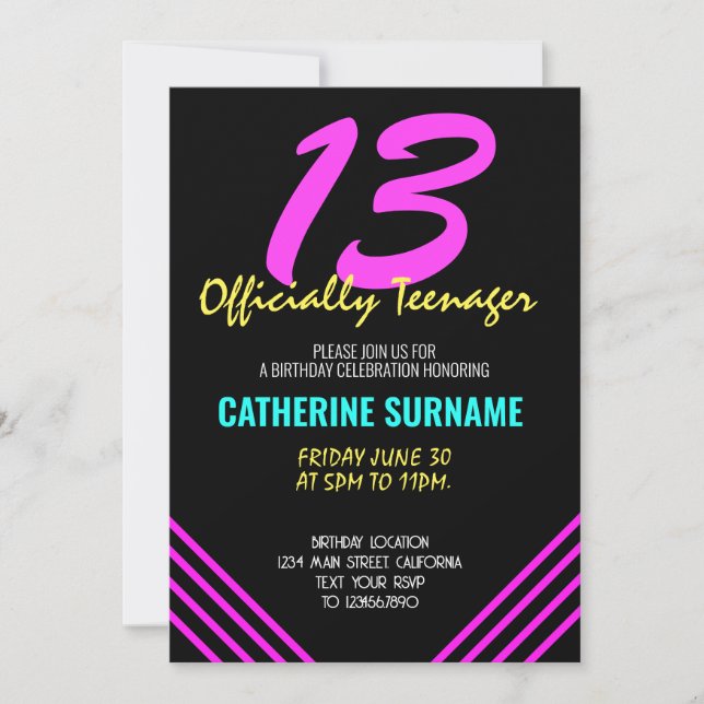 Invitación Celebración oficial del 13 cumpleaños de adolescen (Anverso)