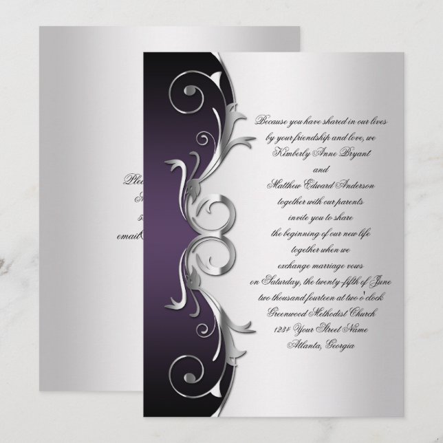 Invitación Celebración Ornate Purple Black Silver Boda (Anverso / Reverso)