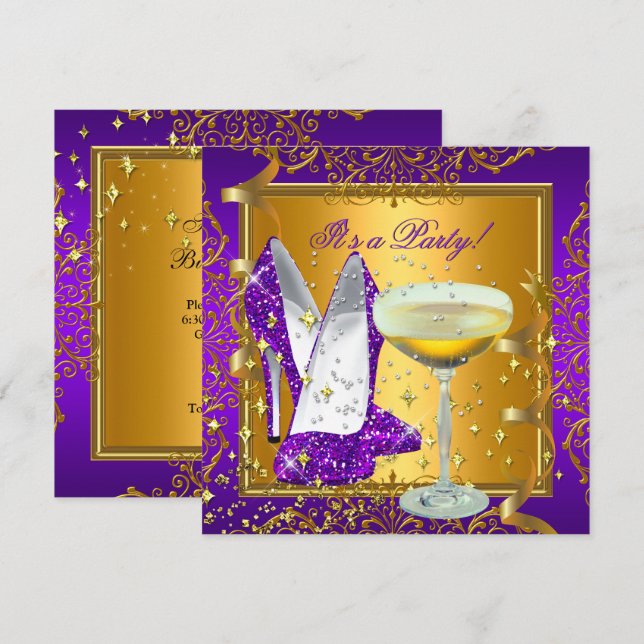 Invitación Celebración Purple Champagne Royal Gold Fiesta (Anverso / Reverso)