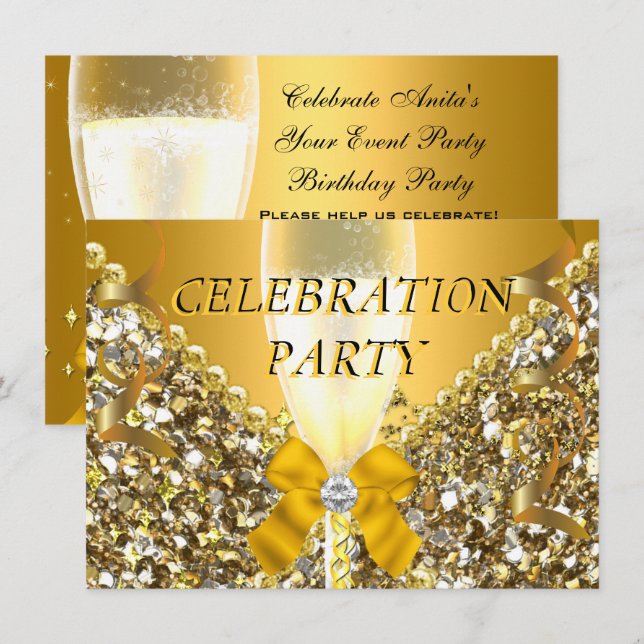 Invitación CELEBRACIÓN Purpurina Gold Silver Champagne Fiesta (Anverso / Reverso)