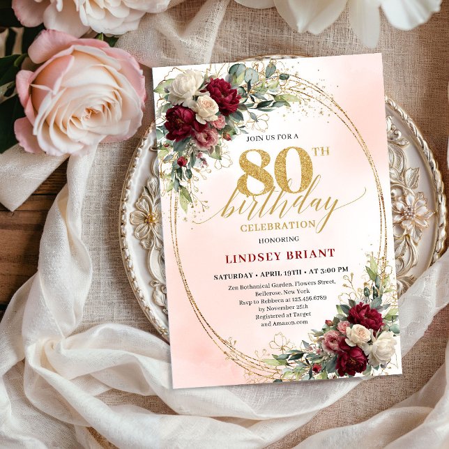 Invitación Celebración Romántica Boho Floral de 80 Cumpleaños (Romantic Boho Floral 80th Birthday Celebration Invite)