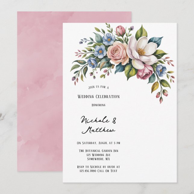 Invitación Celebración romántica del Boda de Bouquet floral (Anverso / Reverso)