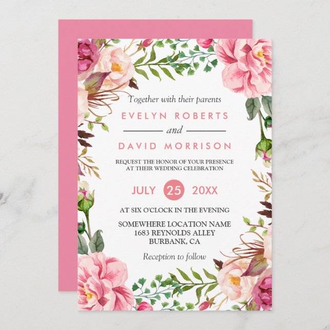 Invitación Celebración romántica del Boda floral rosado (Anverso / Reverso)