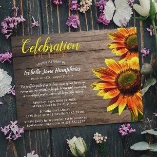 Invitación Celebración Rustica del Girasol en la Vida   Funer