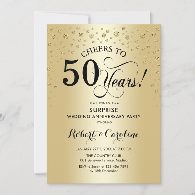 Invitación Celebración sorpresa del 50 aniversario - dorado n (Anverso)